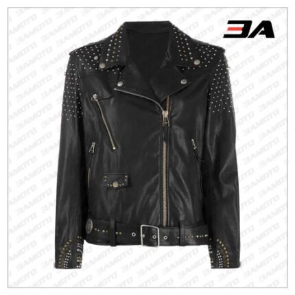 Black Leather Silver Studded Biker Jacket