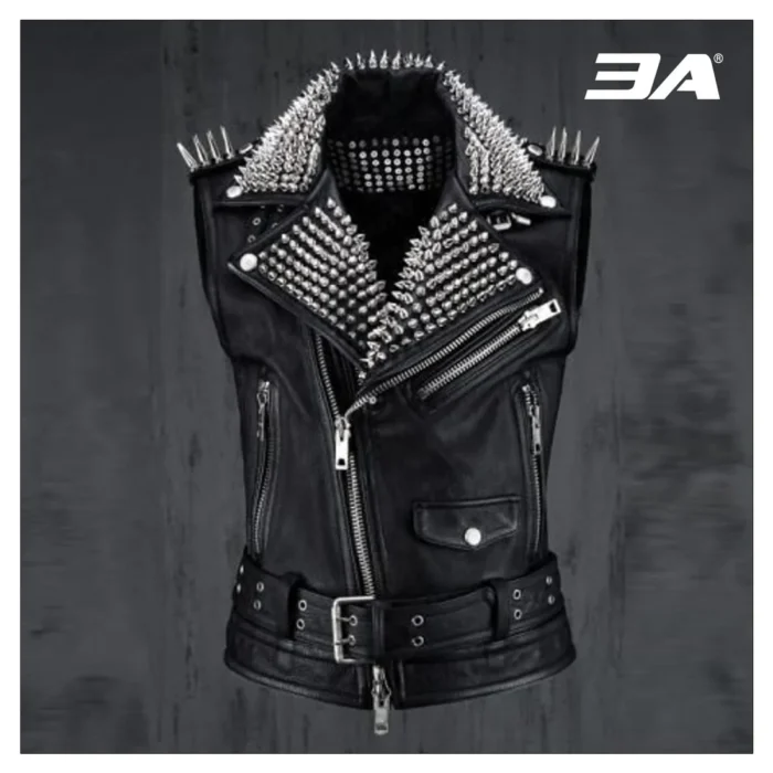 VEST JACKET HANDMADE Men Black Punk Silver Long Spiked Studded Leather