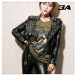 vHandmade Women's Black Fashion Studded Punk Style Leather Jacket