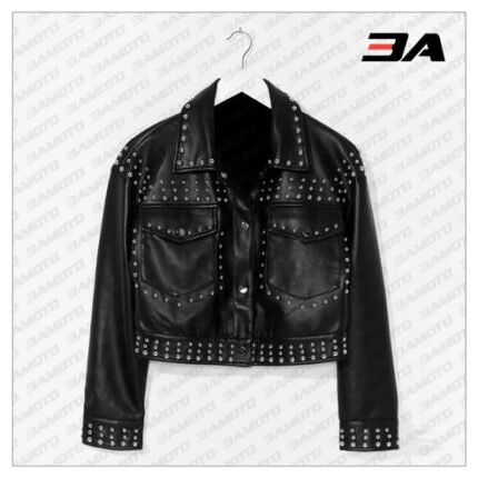 Black Cropped Leather Silver Studded Jacket