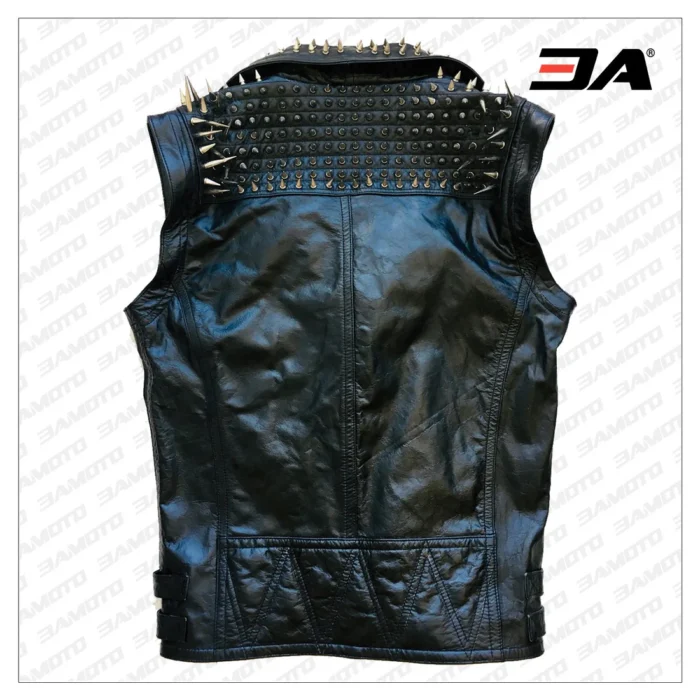 VEST JACKET HANDMADE Men Black Punk Silver Long Spiked Studded Leather