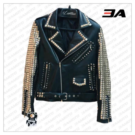 Handmade Black Leather Studded Punk Style Jacket For Women