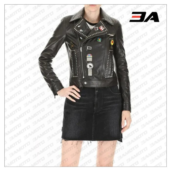 Silver Studded Biker Jacket with Pins