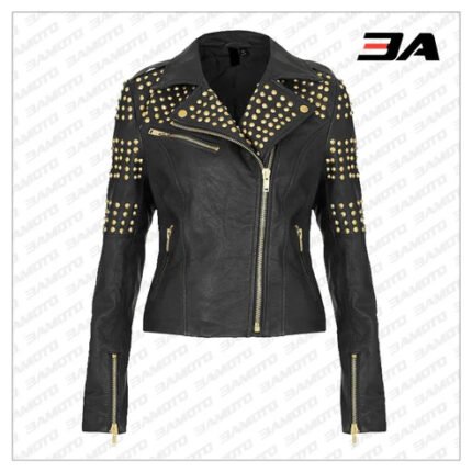 Handcrafted Golden Half Studded Black Leather Jacket