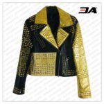 Handmade Women Black Golden Leather Studded Punk Style Jacket