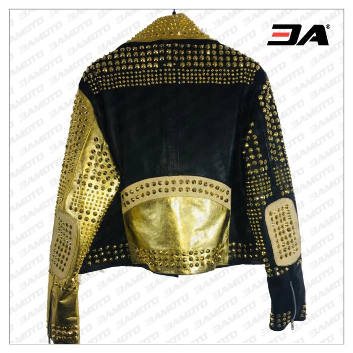 Handmade Women Black Golden Leather Studded Punk Style Jacket